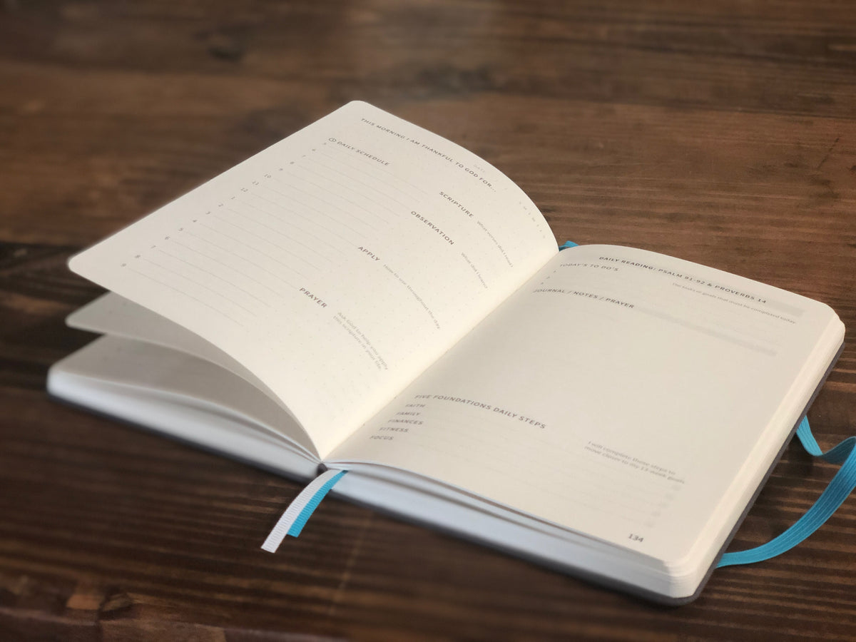 Original 90-Day LifeJournal opened to its Scripture, prayer, planning, and Five Foundations pages